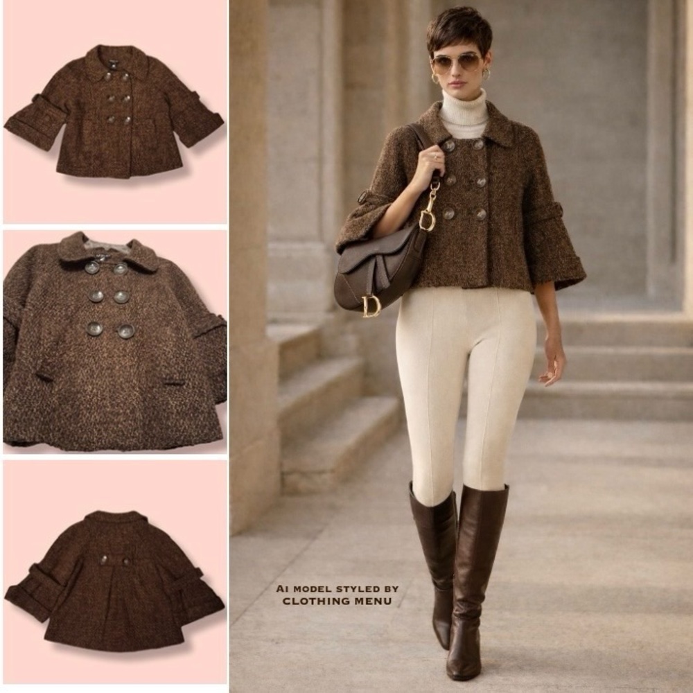 NESLAY PARIS Brown Wool Tweed Coat 3/4 Bell Sleeve Women Size Large - Vintage